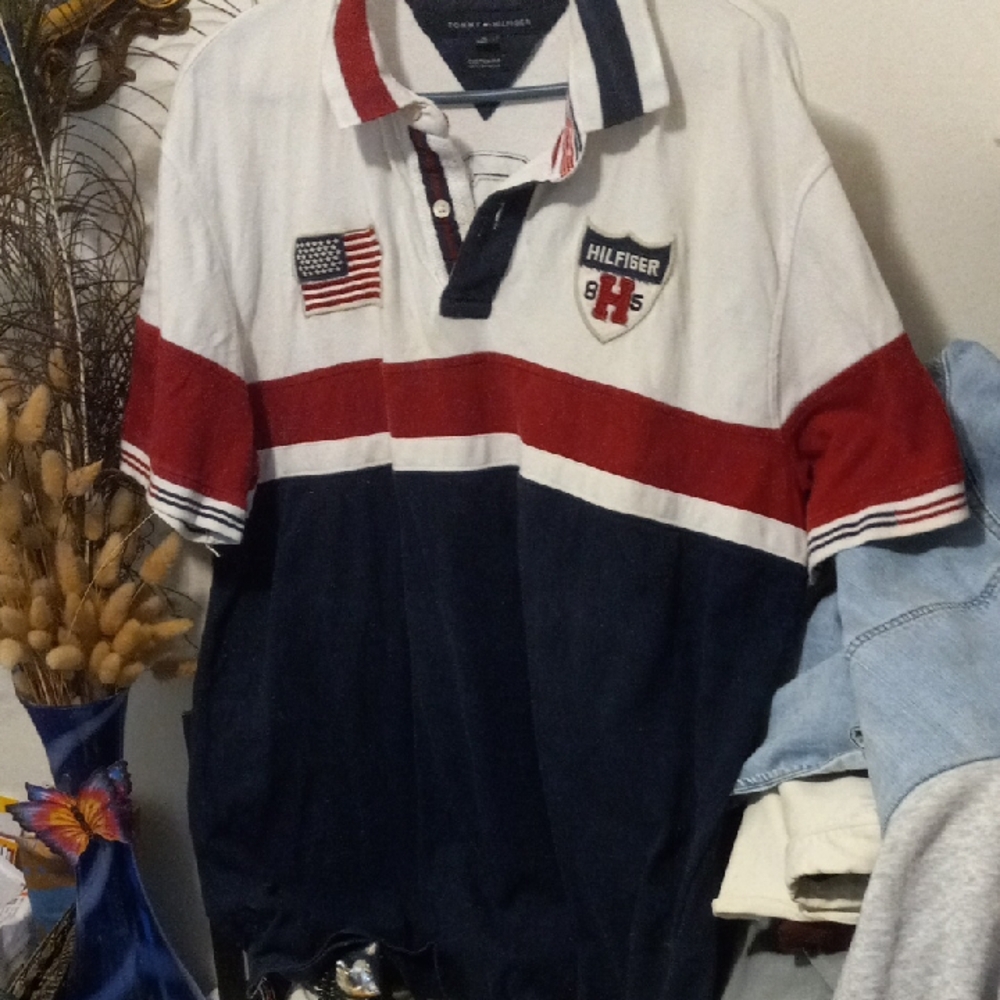 Tommy Hilfiger Red, White, and Blue Polo with Flag Emblem